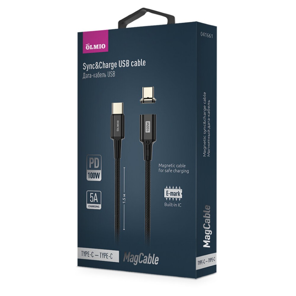 Кабель Olmio PD100 MagCable, Type-C - Type-C,  1.5м, 5А черный