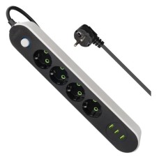 Удлинитель Defender без заземления R210 3 м, 4 розетки, 3xUSB, черный