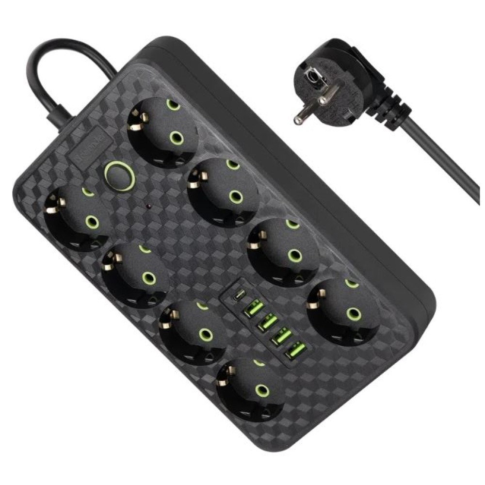 Удлинитель Defender без заземления R215 3 м, 8 розеток, 4xUSB, черный