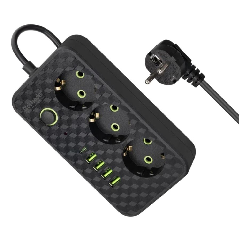 Удлинитель Defender без заземления R220 3 м, 3 розетки, 4xUSB, 1xType-C, черный