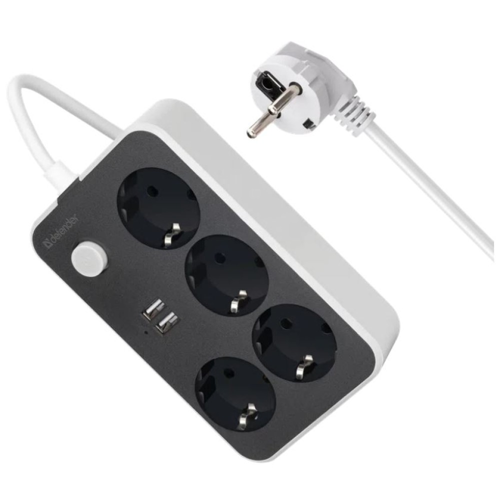 Удлинитель Defender без заземления R230 2 м, 4 розетки, 2xUSB, черный