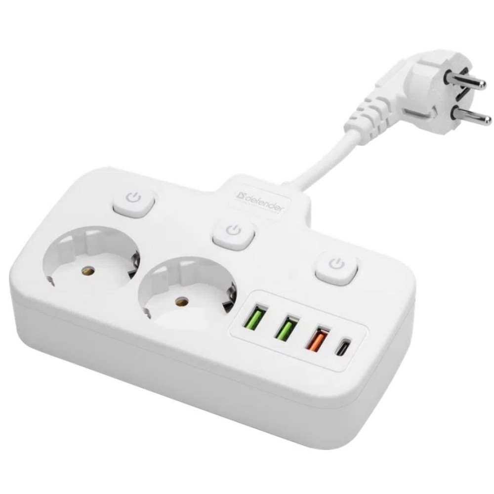 Удлинитель Defender без заземления R240 0.2м, 2 розетки, 3xUSB, 1xType-C, белый
