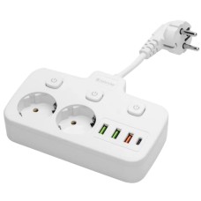 Удлинитель Defender без заземления R240 0.2м, 2 розетки, 3xUSB, 1xType-C, белый