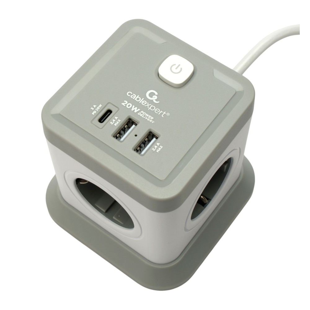 Сетевой фильтр Cablexpert Tower, TWR-4-CU2-W-2, 4р, 10А, 1xType-C PD, 20Вт, 2хUSB, 2м, защ. 2+ белый