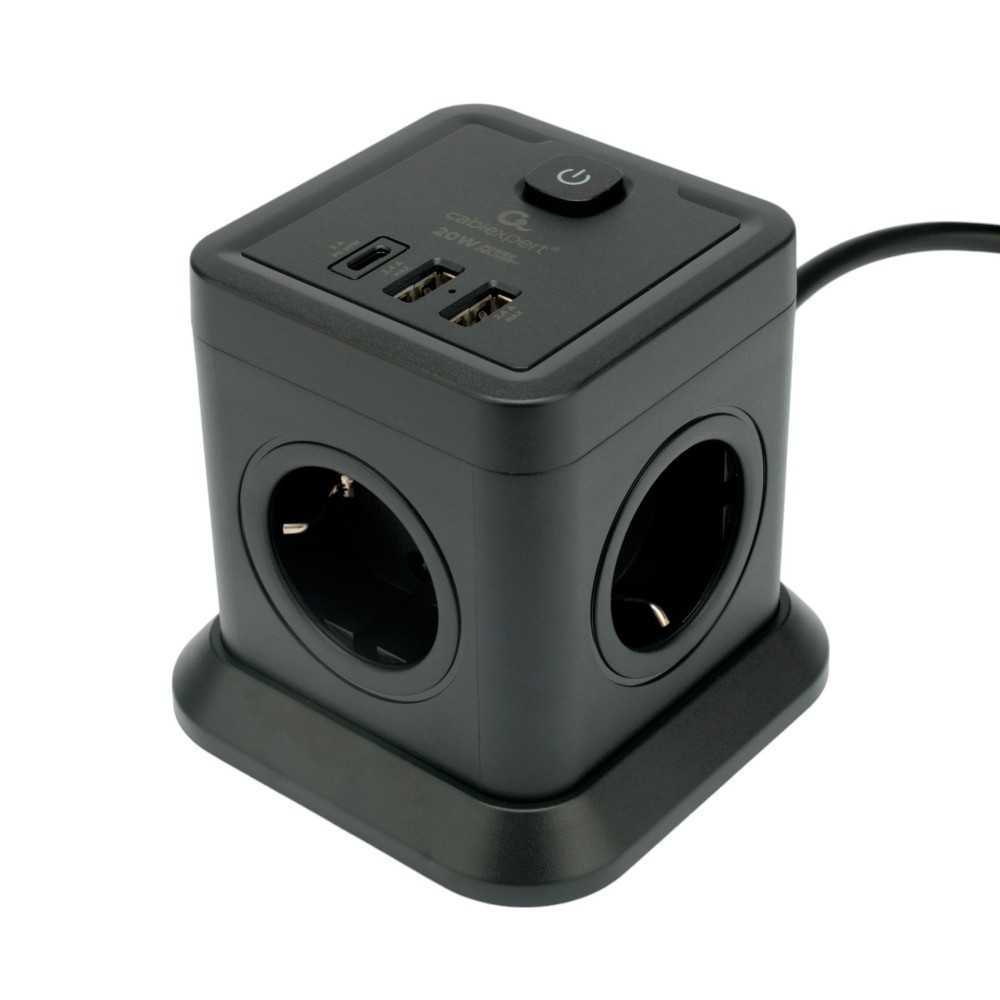Сетевой фильтр Cablexpert Tower TWR-4-CU2-B-2, 4р, 10А, 1xType-C PD, 20Вт, 2хUSB, 2м, защ.2+, черный