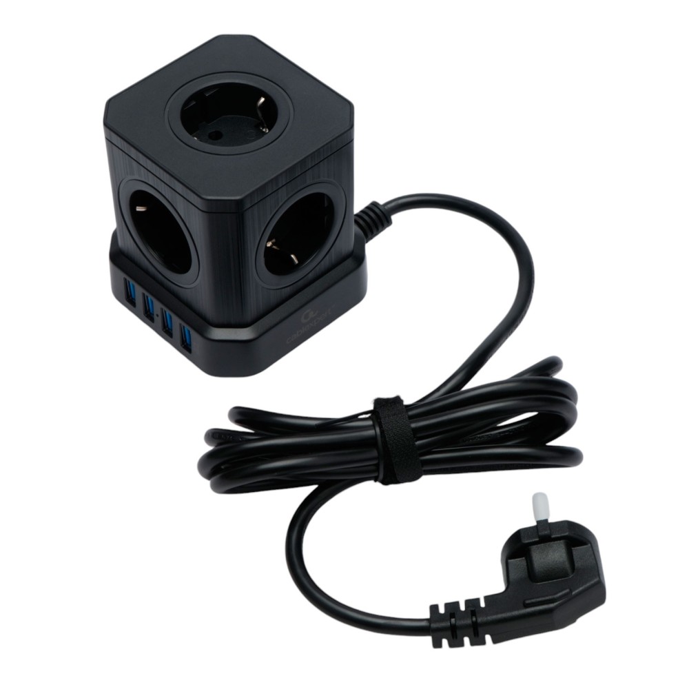 Сетевой фильтр Cablexpert Tower, TWR-5-U4-B-2, 5р, 10А, 4хUSB, 3.1А, 2м, ур.защ. 4+, коробка черный