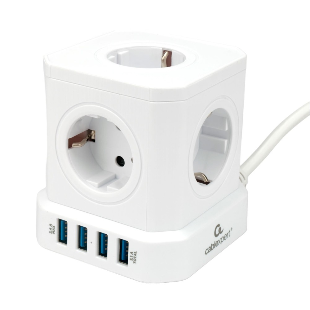 Сетевой фильтр Cablexpert Tower TWR-5-U4-W-2, 5р, 10А, 4хUSB, 3.1А, 2м, ур.защ. 4+, коробка белый