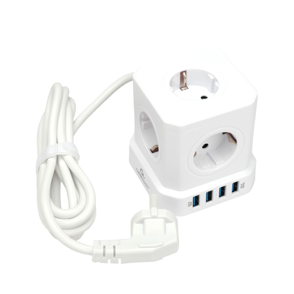 Сетевой фильтр Cablexpert Tower 5р, TWR-5-U4-W-3, 10А, 4хUSB, 3.1А, 3м, ур.защ. 4+, коробка белый