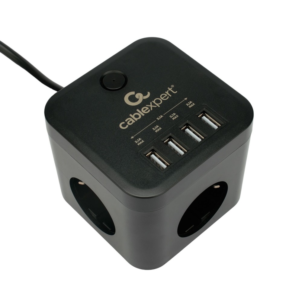 Сетевой фильтр Cablexpert Cube CUBE-3-U4-B-1.5, 3р, 10А, 4хUSB, 1.5м, ур.защиты 4+, коробка черный