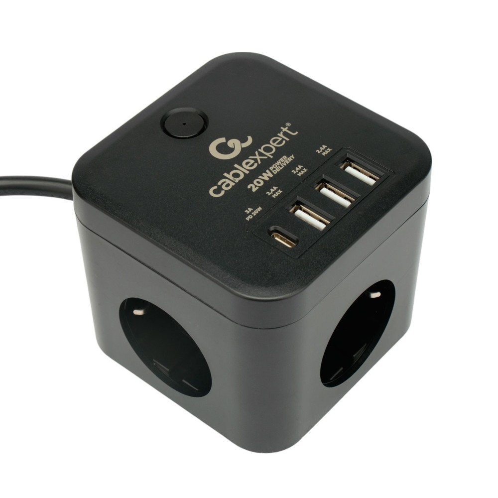 Сетевой фильтр Cablexpert Cube CUBE-3-CU3-B-1.5, 3р, 10А, 1xType-C PD, 3xUSB, 1.5м, ур.защ.4+ черный