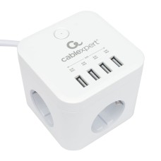 Сетевой фильтр Cablexpert Cube CUBE-3-U4-W-1.5, 3р, 10А, 4хUSB, 1.5м, ур.защиты 4+, коробка белый