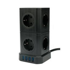 Сетевой фильтр Cablexpert Tower TWR-9-U4-B-2, 9р, 16А, 4хUSB, 3.1А, 2м, ур.защ. 4+, коробка черный