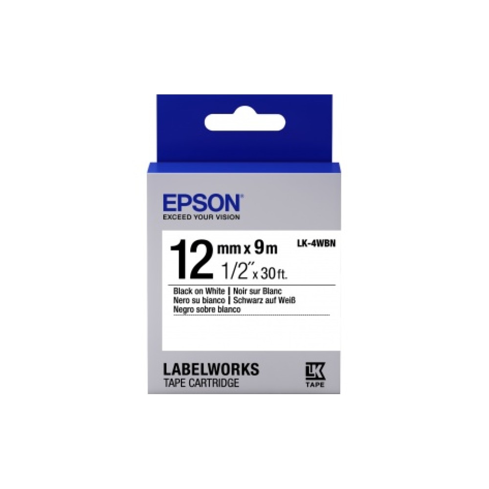Лента Epson C53S654021 LK4WBN Стандартная лента 12мм, Бел./Черн., 9м Лента Epson C53S654021 LK4WBN Стандартная лента 12мм, Бел./Черн., 9м