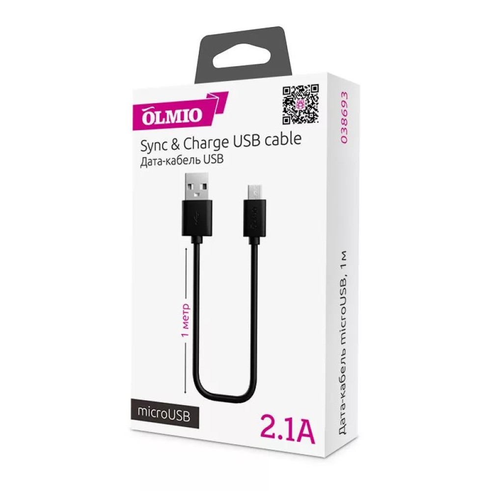 Кабель Olmio USB 2.0 - microUSB,  1м, 2.1A, черный