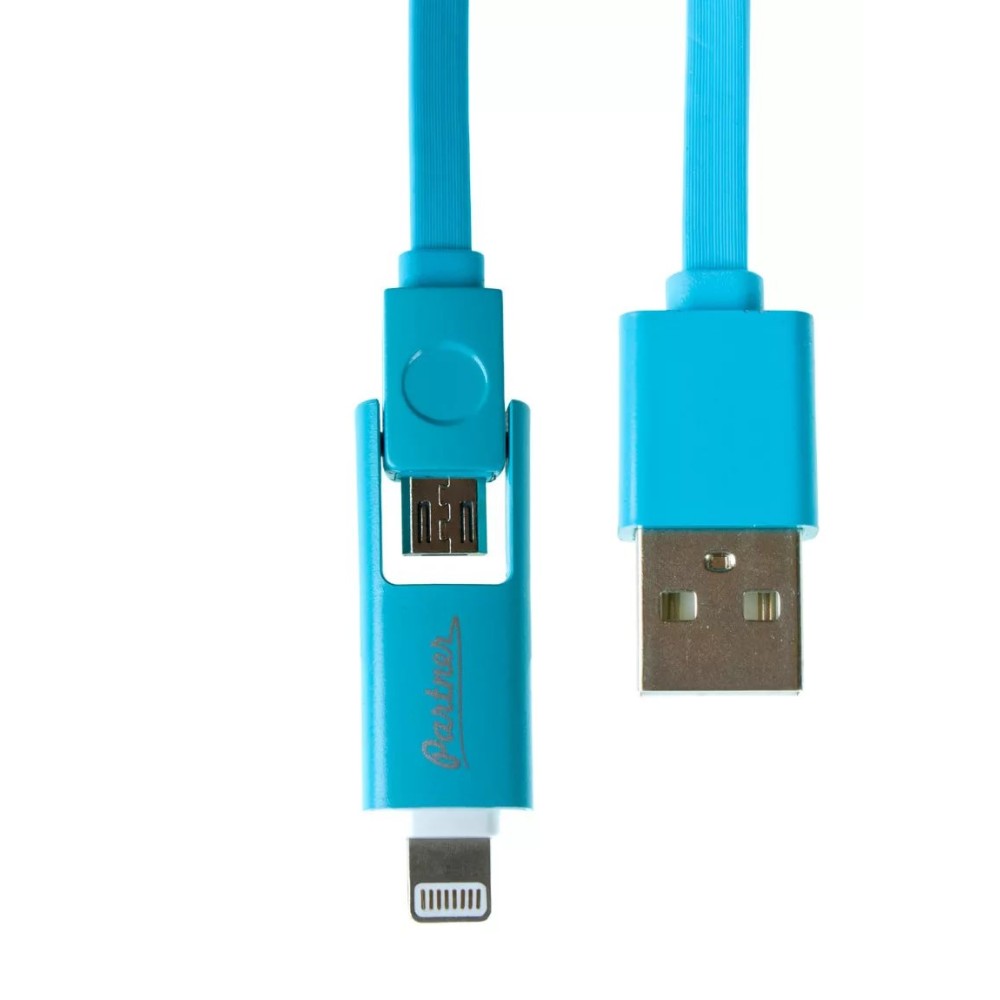 Кабель Olmio USB 2.0 - microUSB/Apple 8pin, 2-в-1, 1м, 2.1A, голубой, плоский Кабель Olmio USB 2.0 - microUSB/Apple 8pin, 2-в-1, 1м, 2.1A, голубой, плоский