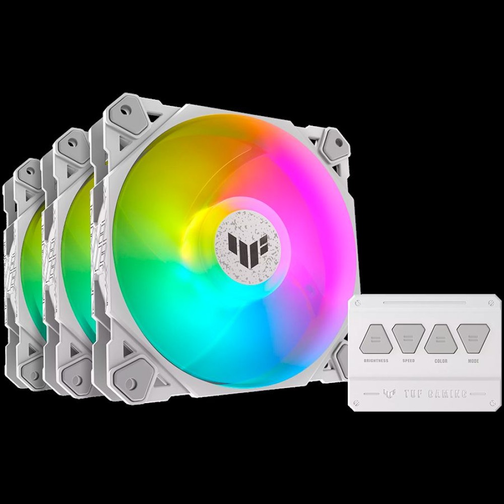 ASUS TUF Gaming TF120 ARGB White 3in1 - Triple Chassis Fan Kit with ARGB hub controller and PWM control delivers high performance and durability in a rainbow of color