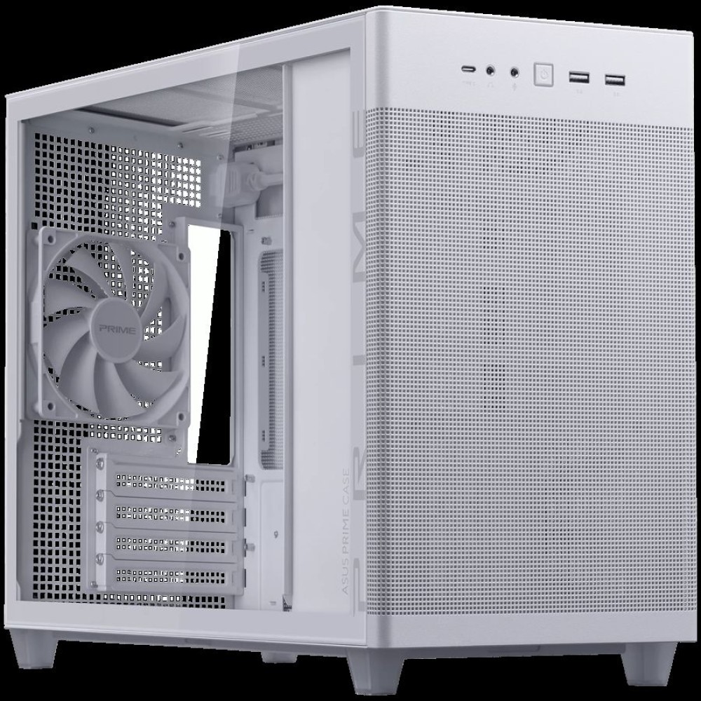 ASUS Prime AP201 Tempered Glass MicroATX Case White - stylish 33-liter MicroATX case with tool-free side panels, with support for 360 mm coolers, graphics cards up to 338 mm long, and standard ATX PSUs