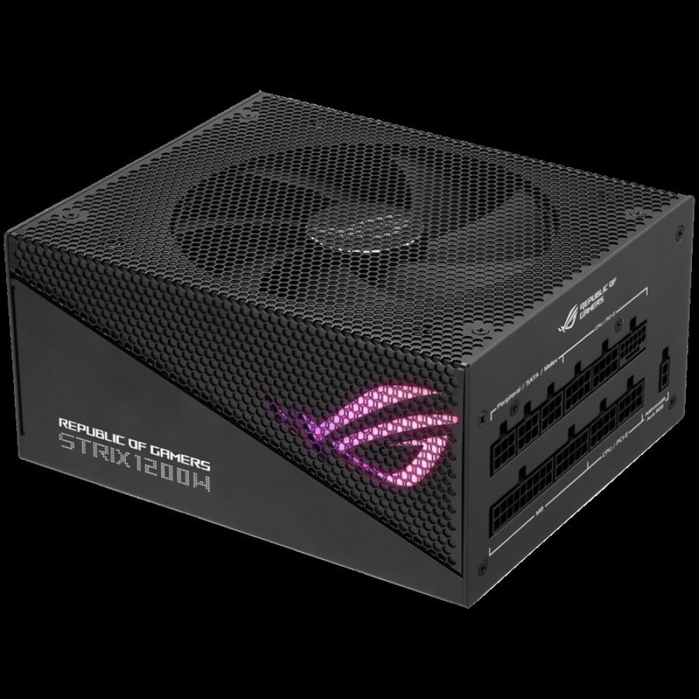 ASUS ROG Strix 1200W Gold Aura Edition PSU, ATX 3.0 compatible, PCIe Gen 5.0 ready, Fully modular, 80 Plus Gold, Lambda A++, Aluminum case, ROG heatsinks, Axial-tech fan design, Dual ball fan bearings, 0dB Technology, Aura Sync, 10-year warranty