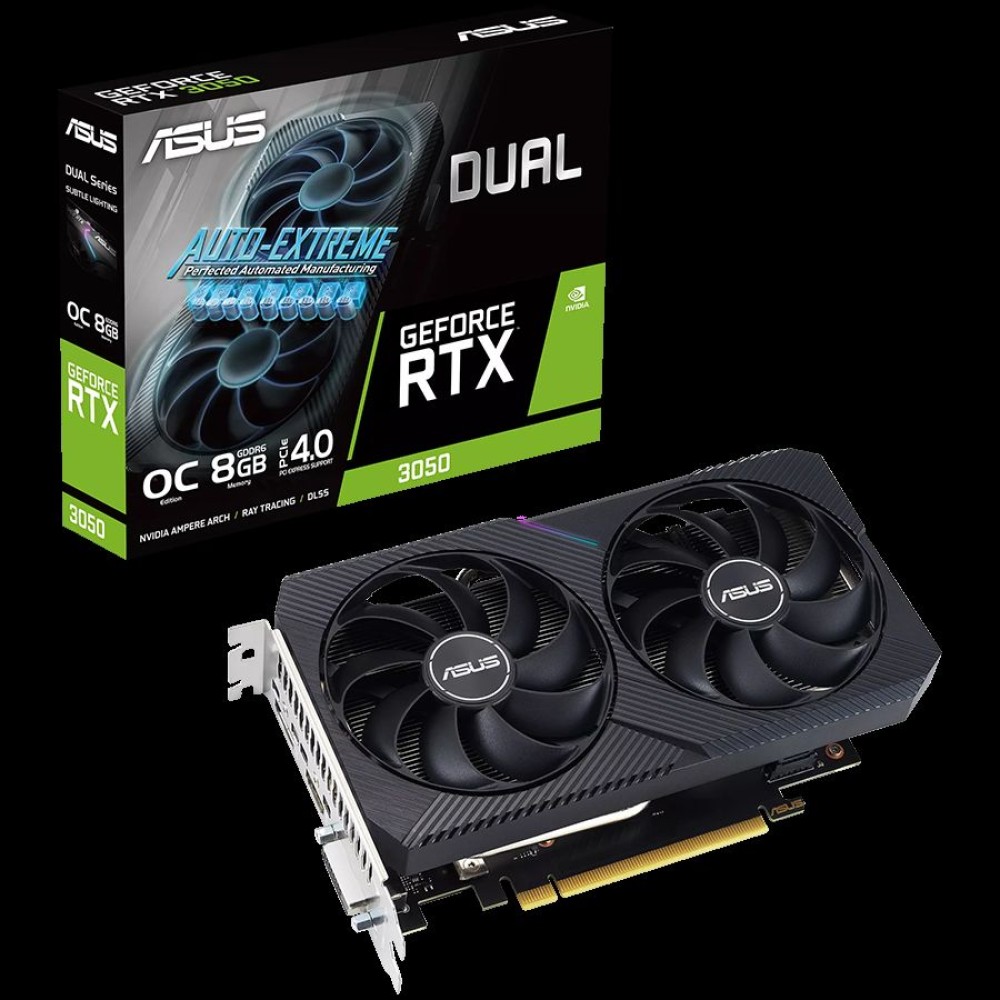 ASUS Video Card NVidia Dual GeForce RTX 3050 V2 OC Edition 8GB GDDR6 VGA with two powerful Axial-tech fans and a 2-slot design for broad compatibility, PCIe 4.0, 1xDVI-D, 1xHDMI 2.1, 1xDisplayPort 1.4a