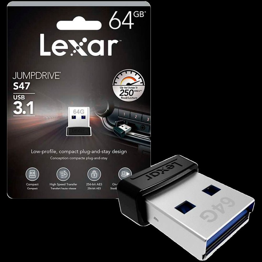 Lexar® JumpDrive USB 3.1 S47 64GB Black Plastic Housing, up to 250MB/s, EAN: 843367116379