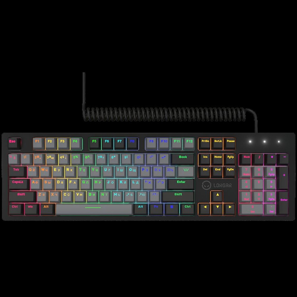 LORGAR Azar 514, Wired mechanical gaming keyboard, RGB backlight, 1680000 colour variations, 18 modes, keys number: 104, 50M clicks, linear dream switches, spring cable up to 3.4m, ABS plastic+metal, magnetic cover, 450*136*39mm, 1.17kg, black, EN+RU layo