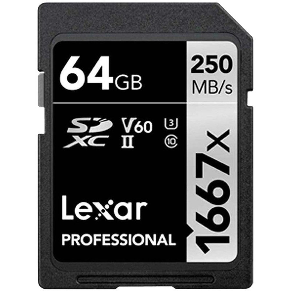 Lexar® 64GB Professional 1667x SDXC™ UHS-II cards,  up to 250MB/s read 120MB/s write C10 V60 U3, EAN: 843367115174