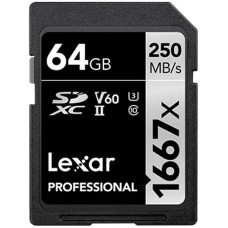 Lexar® 64GB Professional 1667x SDXC™ UHS-II cards,  up to 250MB/s read 120MB/s write C10 V60 U3, EAN: 843367115174