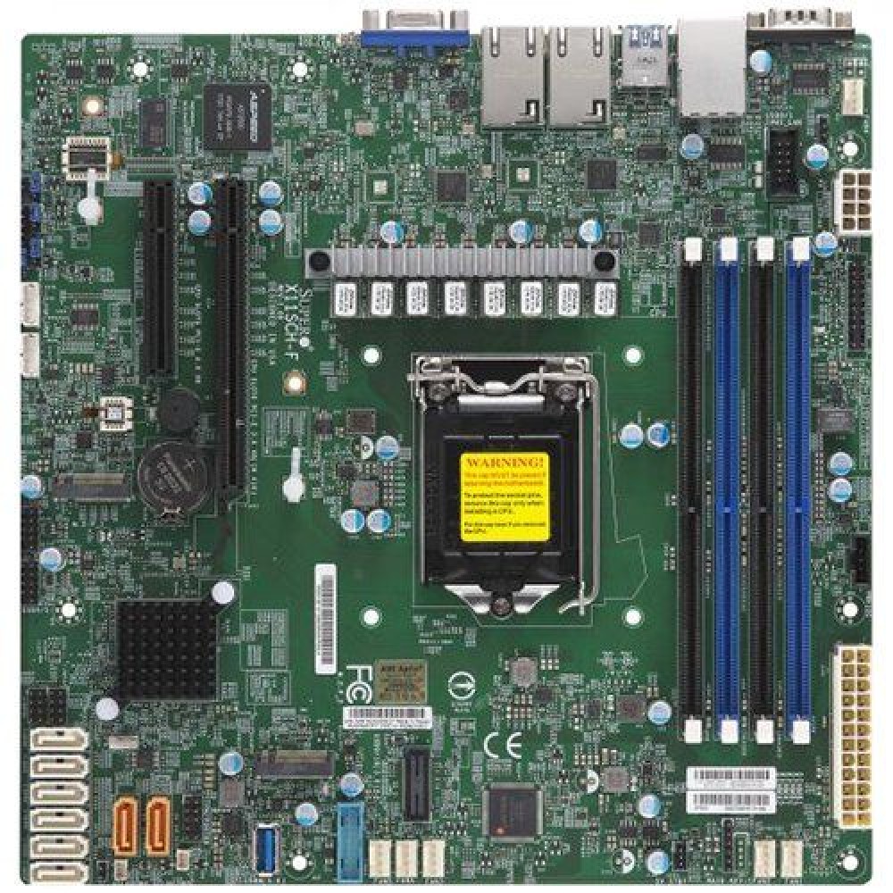 Supermicro mainboard server X11SCH-F Single Socket H4 (LGA 1151), 8 SATA3 (6Gbps); RAID 0, 1, 5, 10; 2x 1GbE LAN with Intel I210-AT; 1 PCI-E 3.0 x8 (in x16) and 1 PCI-E 3.0 x8 slots, 4 DIMM slots, bulk