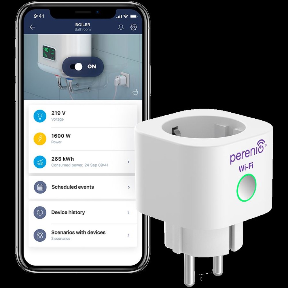 Smart Power Plug is a device to control remotely via Wi-Fi connected through it load, measure its power and monitor electrical energy consumption. White color, multi language version.