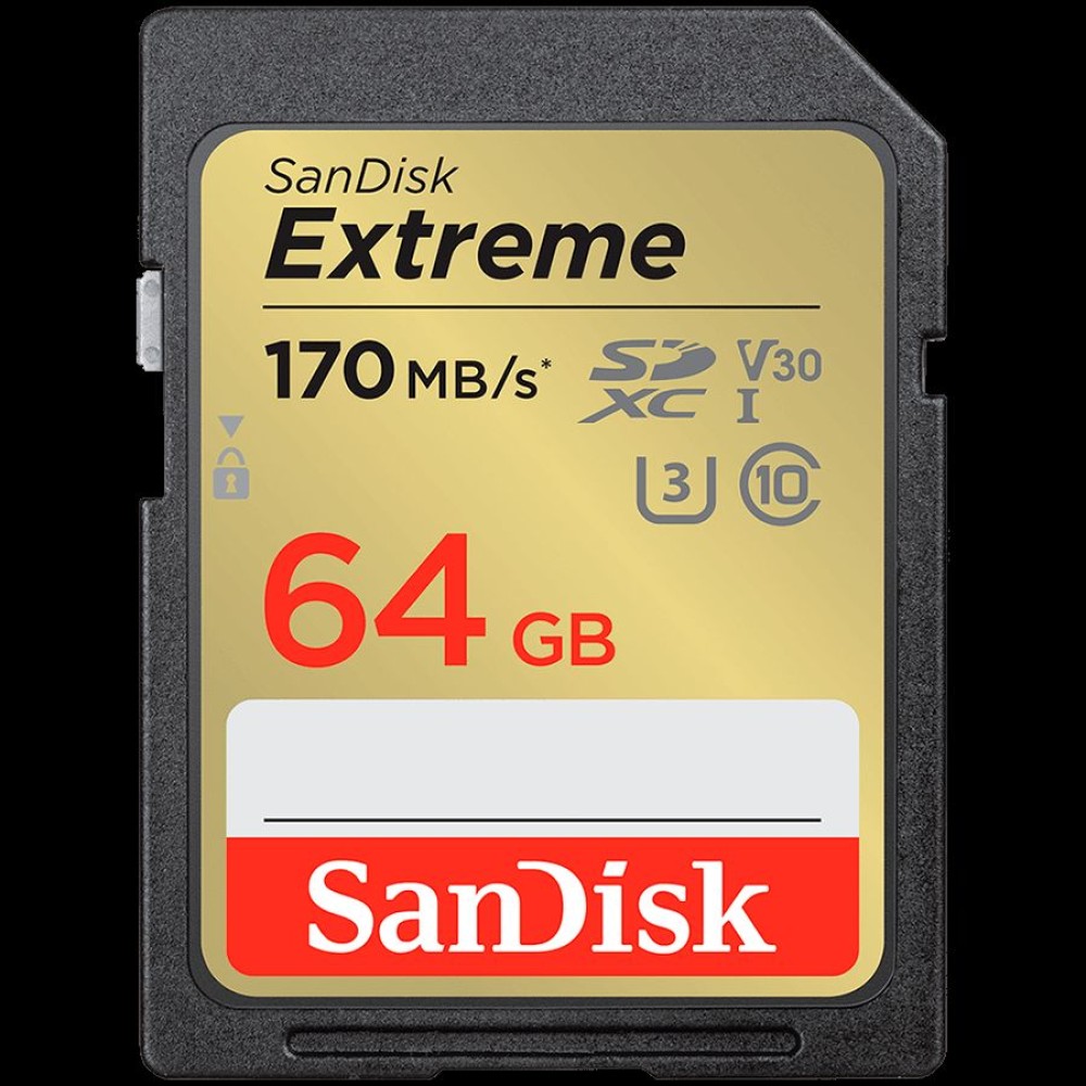 SanDisk Extreme 64GB SDXC Memory Card + 1 year RescuePRO Deluxe up to 170MB/s & 80MB/s Read/Write speeds, UHS-I, Class 10, U3, V30, EAN: 619659188610