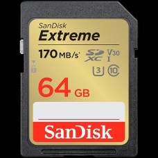 SanDisk Extreme 64GB SDXC Memory Card + 1 year RescuePRO Deluxe up to 170MB/s & 80MB/s Read/Write speeds, UHS-I, Class 10, U3, V30, EAN: 619659188610