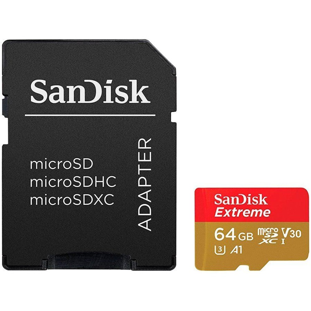 SanDisk Extreme microSDXC 64GB for Action Cams and Drones + SD Adapter 160MB/s A2 C10 V30 UHS-I U3; EAN: 619659170738