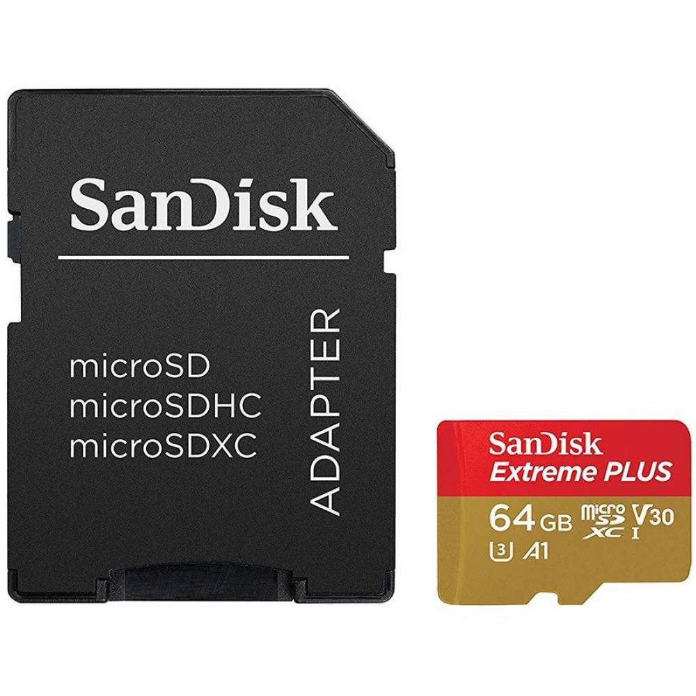 SANDISK Memory Flash cards 64ГБ Extreme Plus Micro SDXC Class 10/UHS-I U3/Video Speed Class V30/Application Performance Class A2, Rescue Pro Deluxe