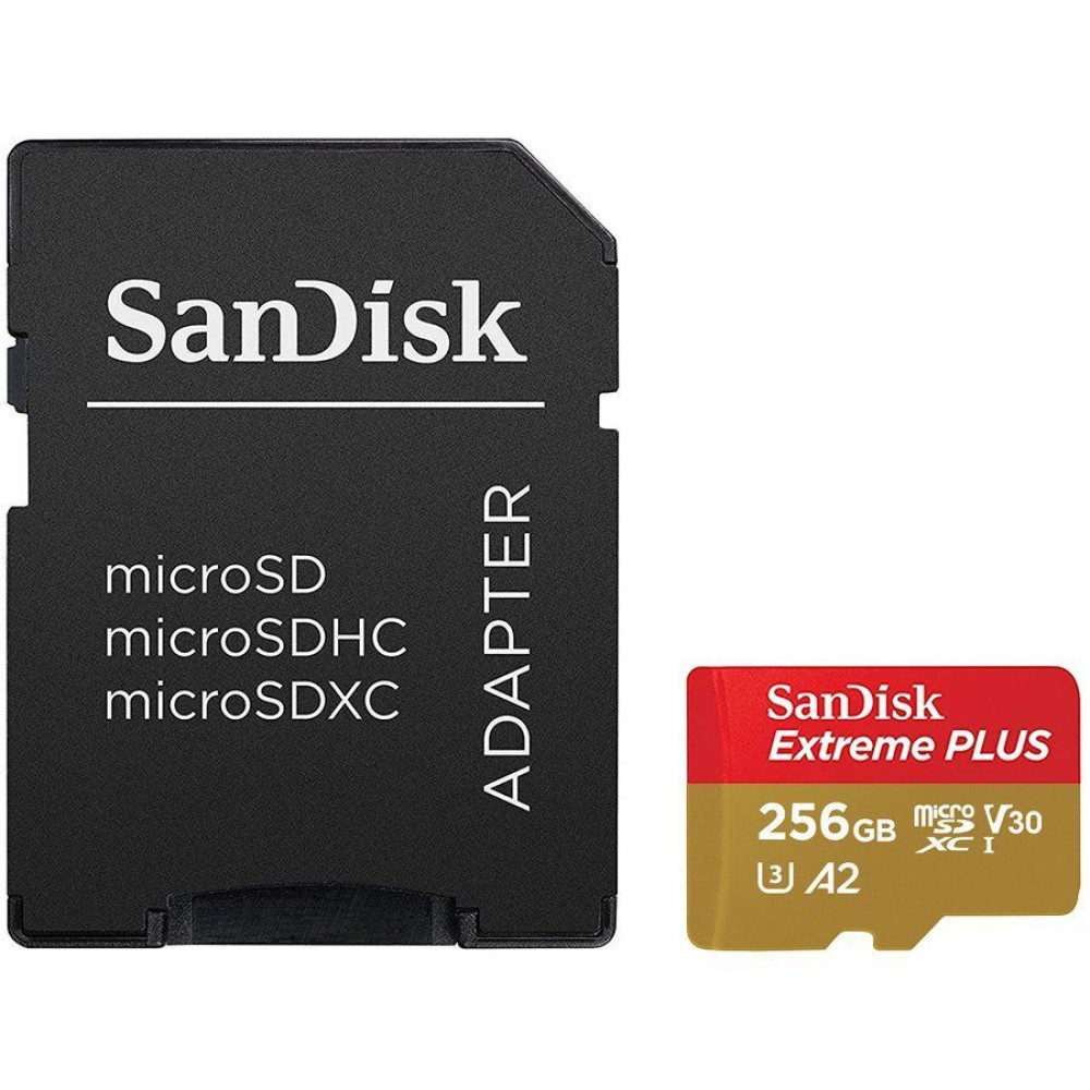 SANDISK Memory Flash cards 256ГБ Extreme Plus Micro SDXC Class 10/UHS-I U3/Video Speed Class V30/Application Performance Class A2, Rescue Pro Deluxe