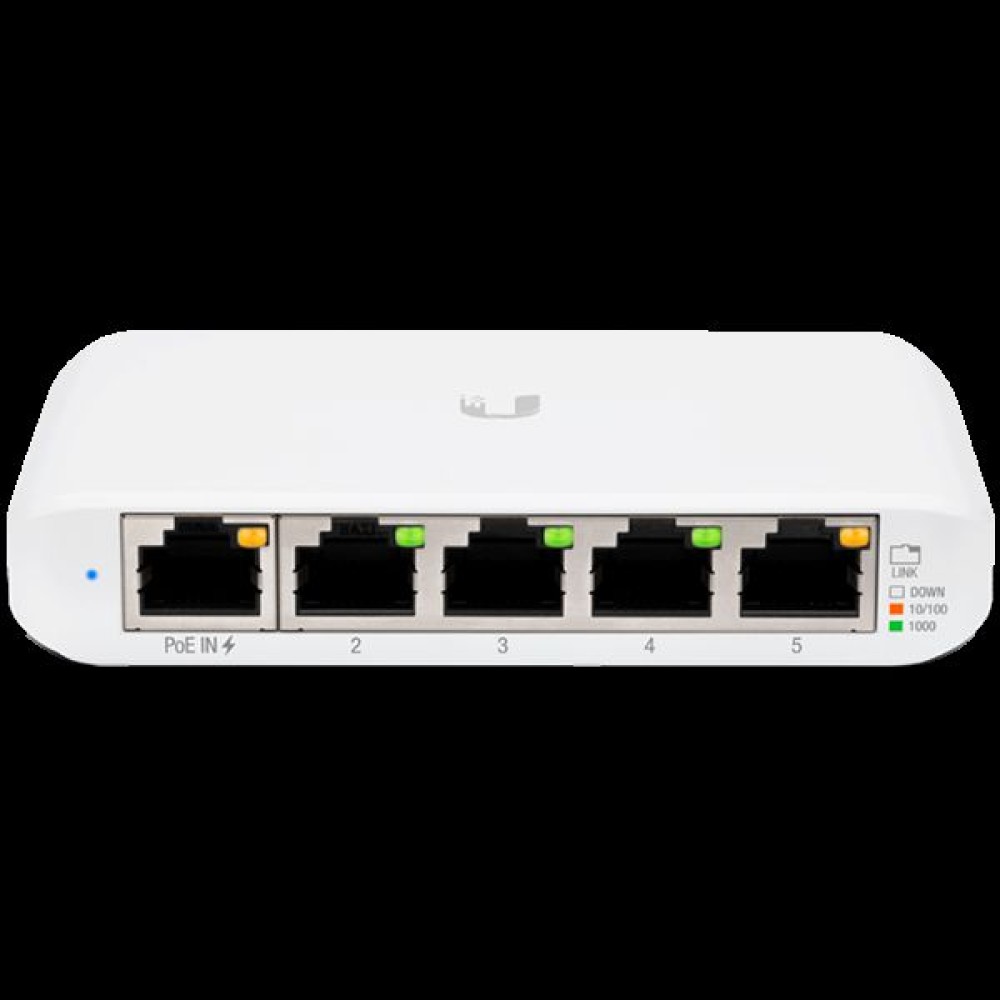 Ubiquiti USW Flex Mini 5-Port managed Gigabit Ethernet switch powered by 802.3af/at PoE or 5V, 1A USB-C power adapter.