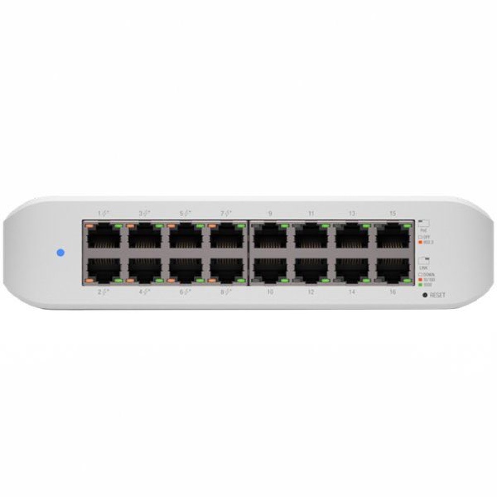 UBIQUITI Lite 16 PoE; (8) GbE PoE+, (8) GbE ports; 45W total PoE availability; Wall mountable.