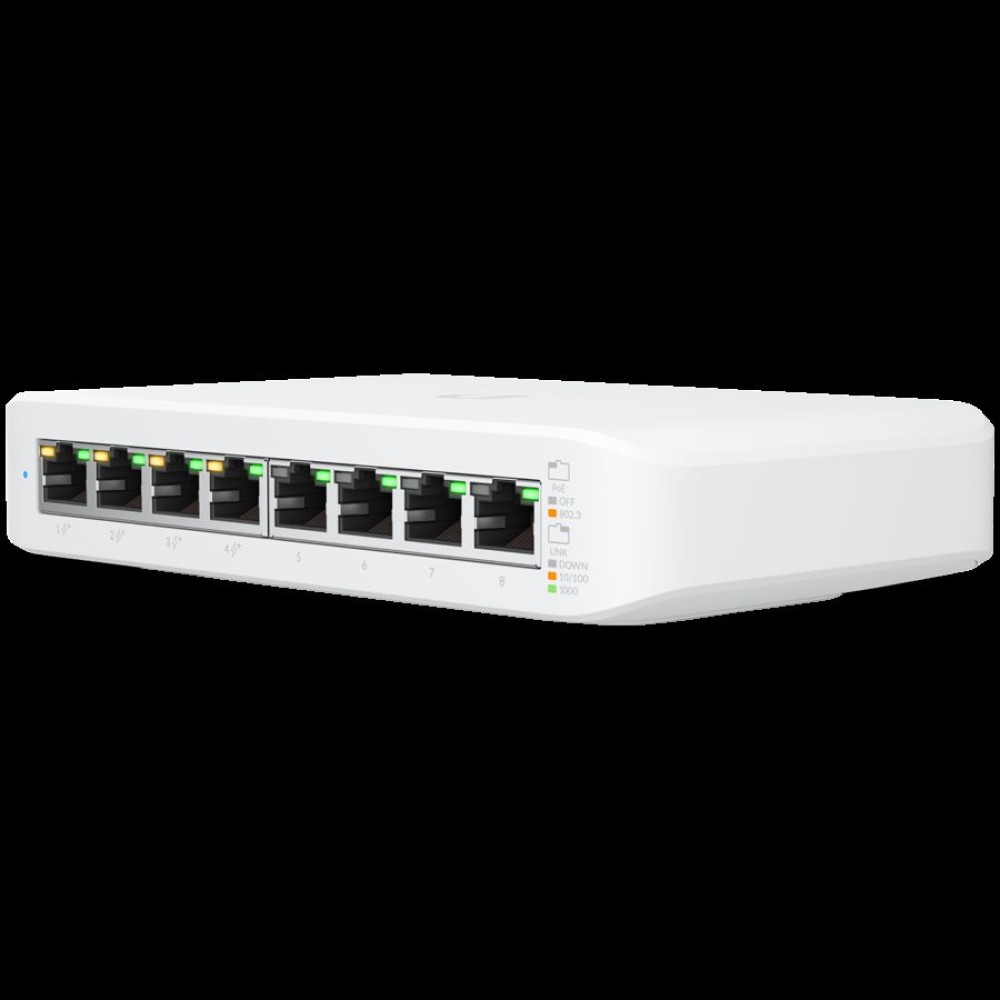 UBIQUITI Lite 8 PoE; (4) GbE PoE+, (4) GbE ports; 52W total PoE availability; Wall mountable.