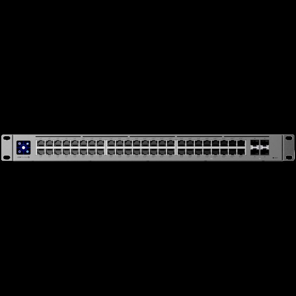 Ubiquiti 48-port, Layer 3 switch 2.5 GbE and PoE++ output, 16x 2.5 GbE ports including (8) PoE+ and (8) PoE++, 32x GbE ports including (24) PoE+ and (8) PoE++, 4x 10G SFP+ ports. Can power devices with up to 720W, it has power consumption of 100W (Excludi